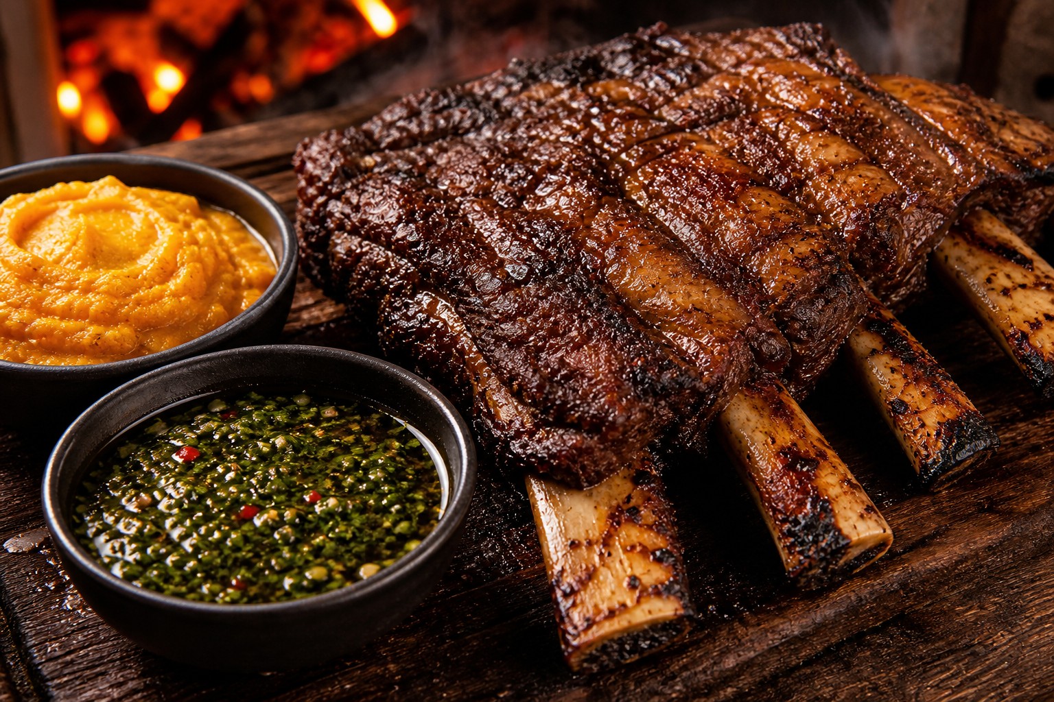 Costela bovina assada no fogo de chão, com creme de cabotiá rústica e molho chimichurri