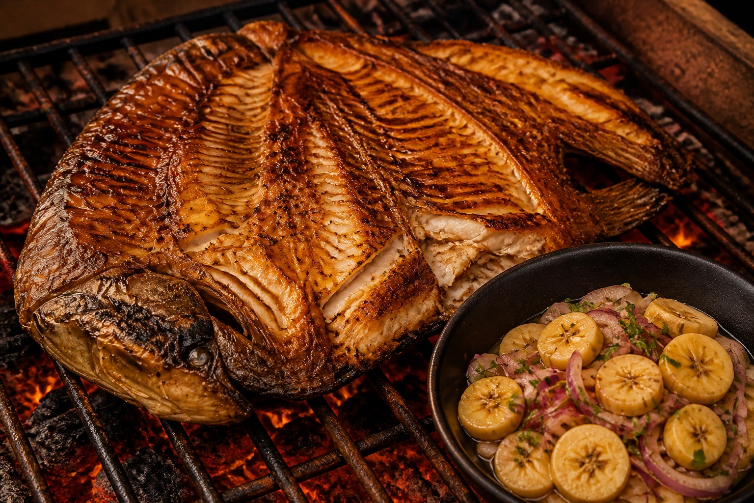 Tambaqui espalmado na prancha sobre a brasa, com ceviche de banana-da-terra